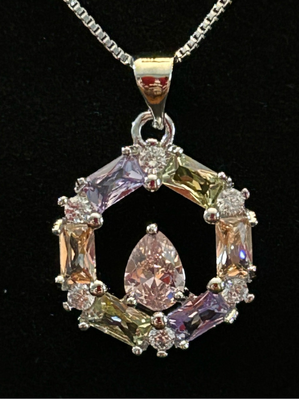 Multicolor Crystal Teardrop Halo Pendant Necklace w/Silver-Tone Box Chain 18”